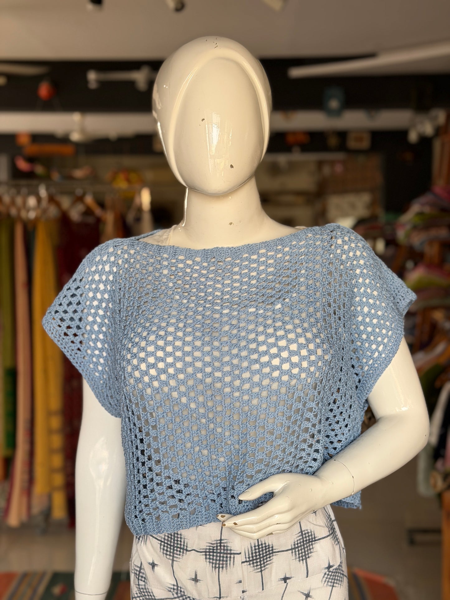 Blue hand crocheted cotton top - free size