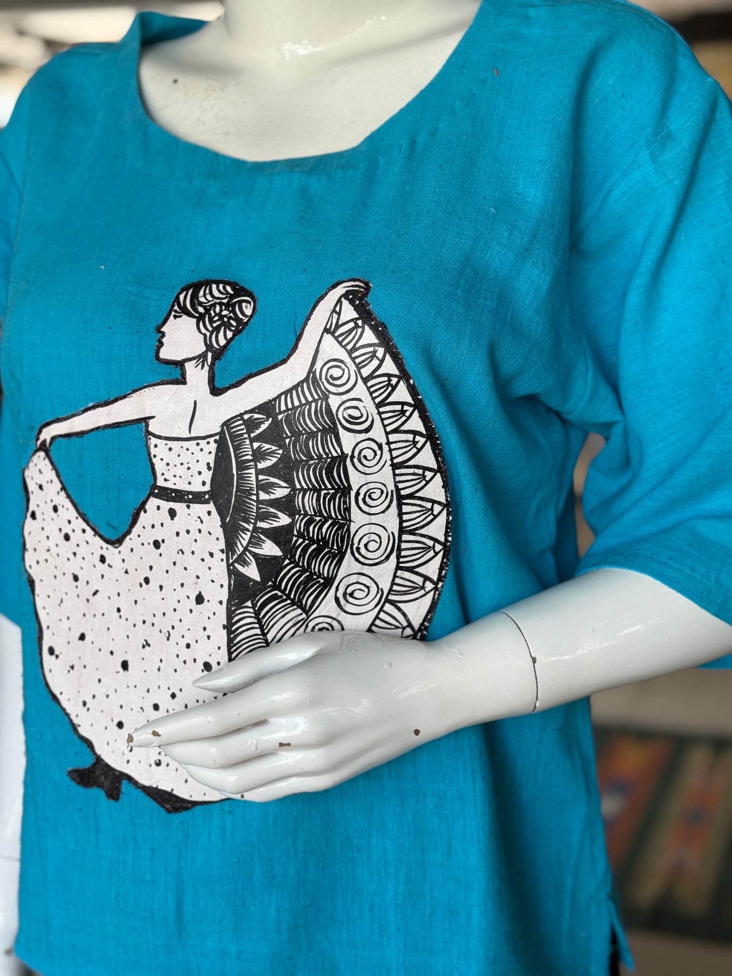 Blue kala cotton handloom cotton top with hand painted dancing lady