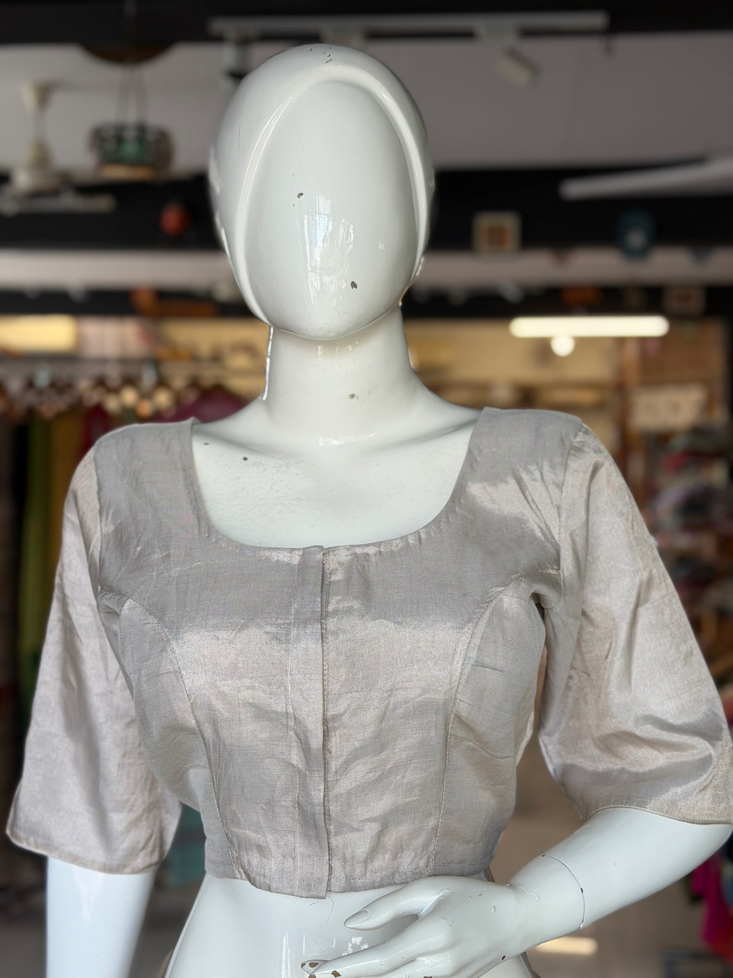 Silver gold tissue silk Chanderi handloom blouse with elbow sleeves