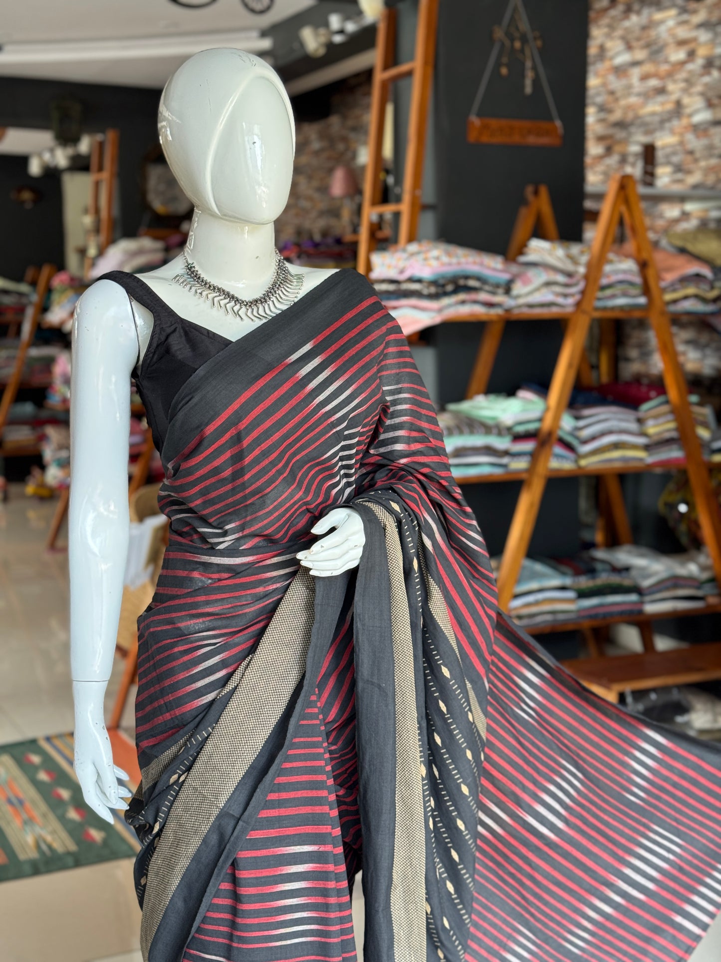Black stripes Chettinad cotton handloom yardage / saree