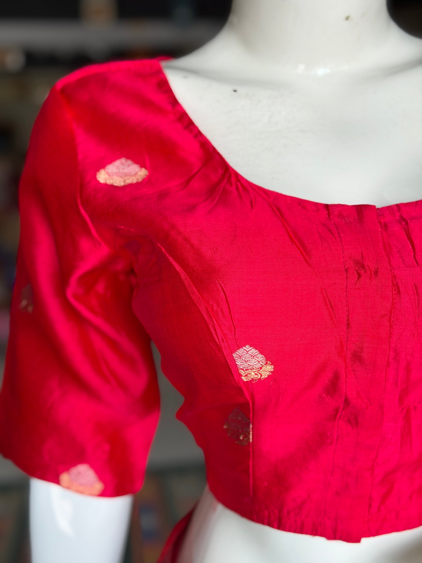 Red with gold and silver butis handwoven silk blouse