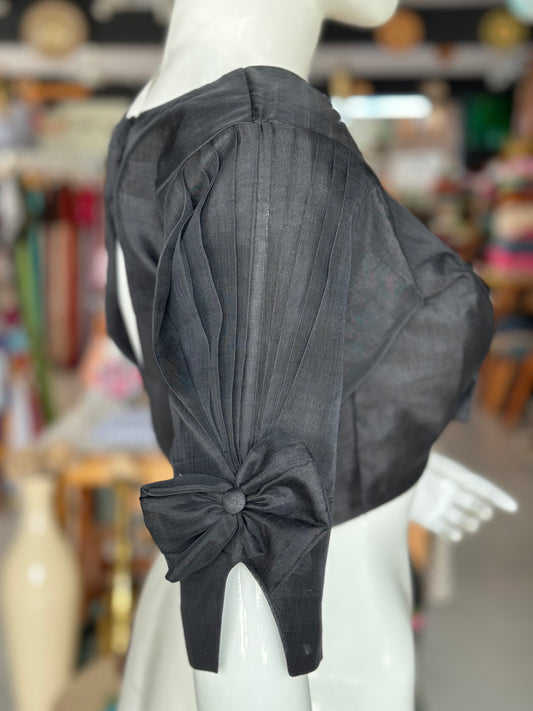 Black silk cotton handloom front open blouse with pleated sleeves