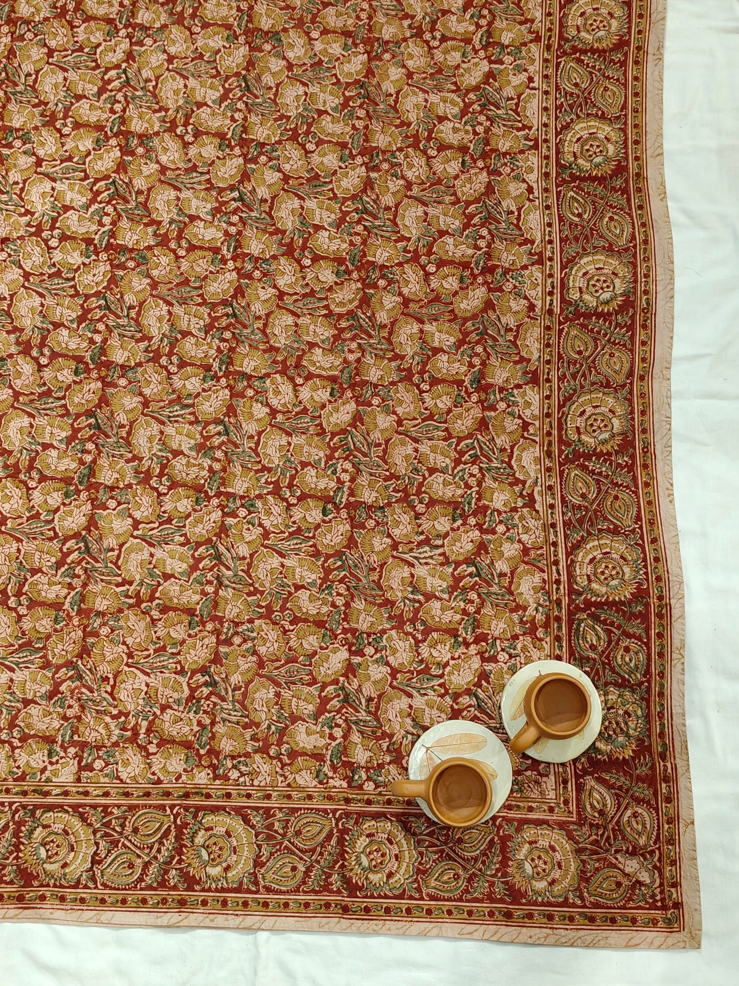 Red green floral hand block print single 60 x 90 inches size Kalamkari Bedsheet / table cover