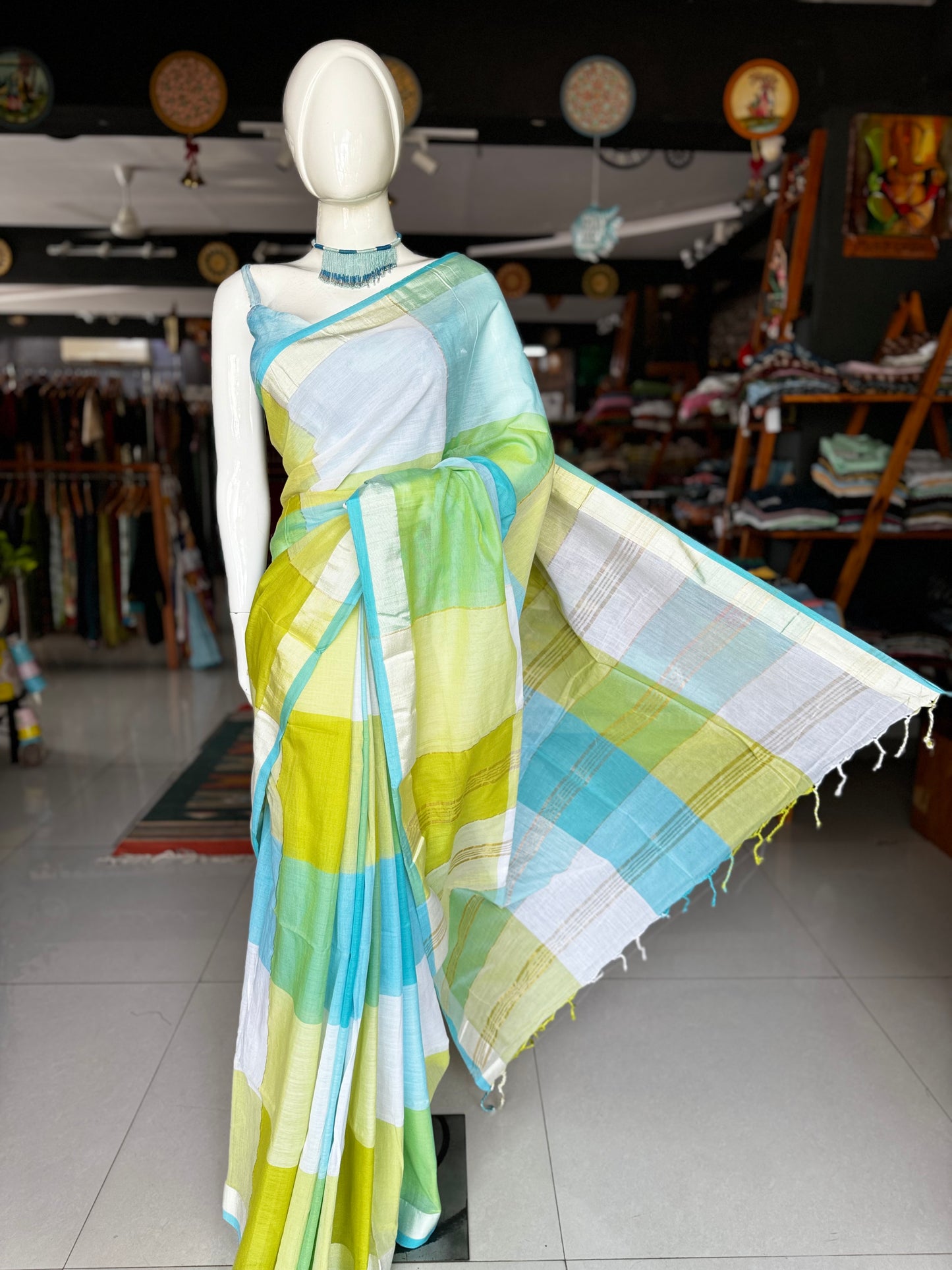 Blue green and white pastel color block handwoven cotton saree