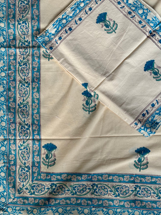 Blue floral hand block print on sandal base pure cotton super king size bedsheet