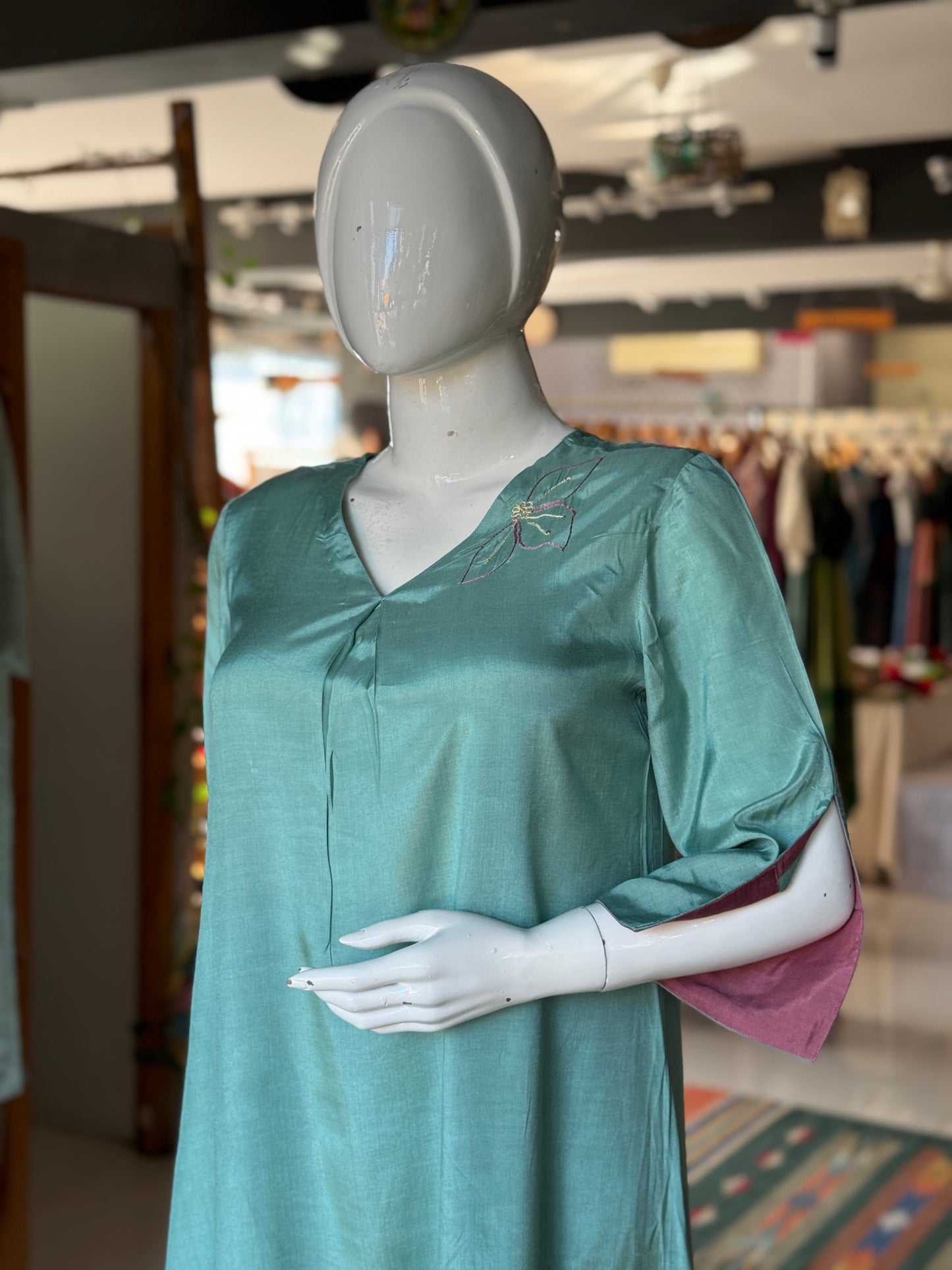 Sea green Co-ord set in hand embroidered muslin -  kurti, pants set