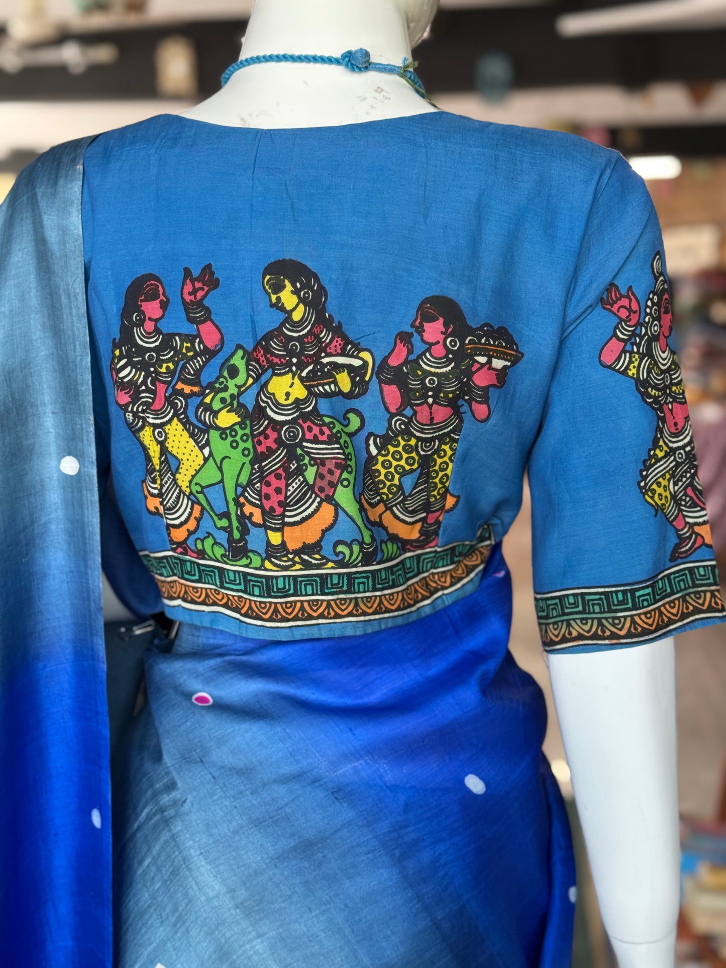 Blue Pen Kalamkari hand painted silk blouse with painting on back, sleeves