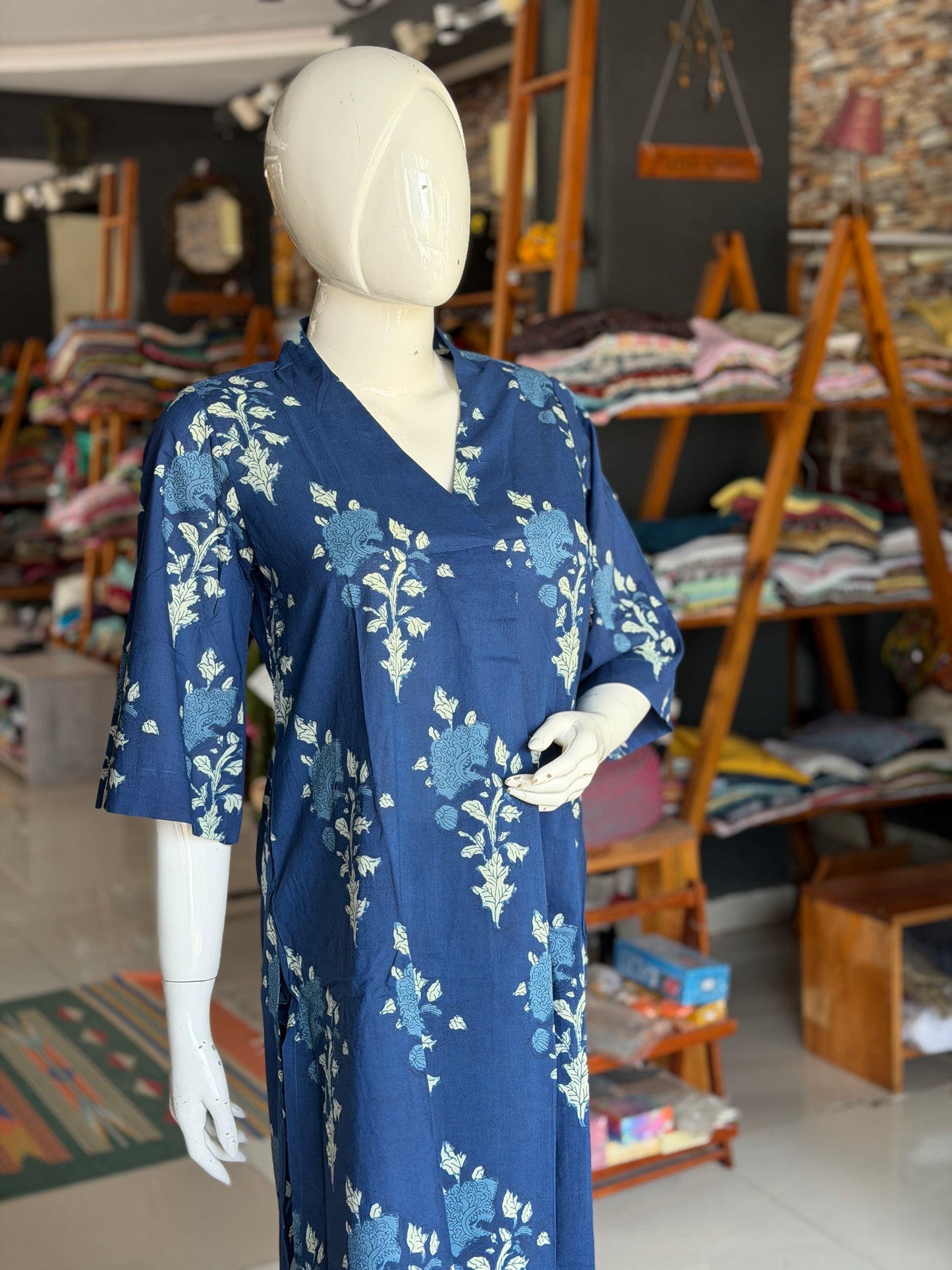 Indigo blue cotton front pleated kurti, pants - 2 piece set