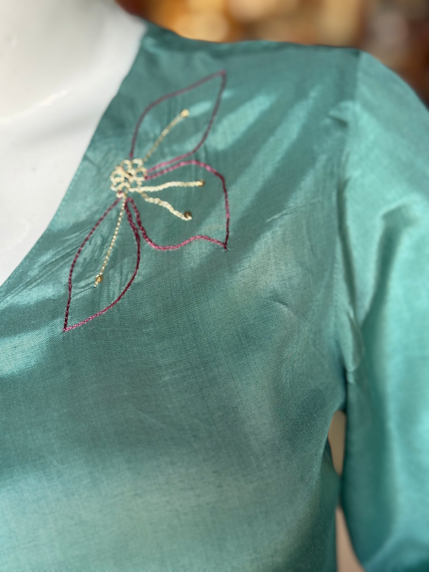 Sea green Co-ord set in hand embroidered muslin -  kurti, pants set