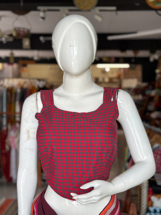 Red n blue checks handloom cotton sleeveless blouse