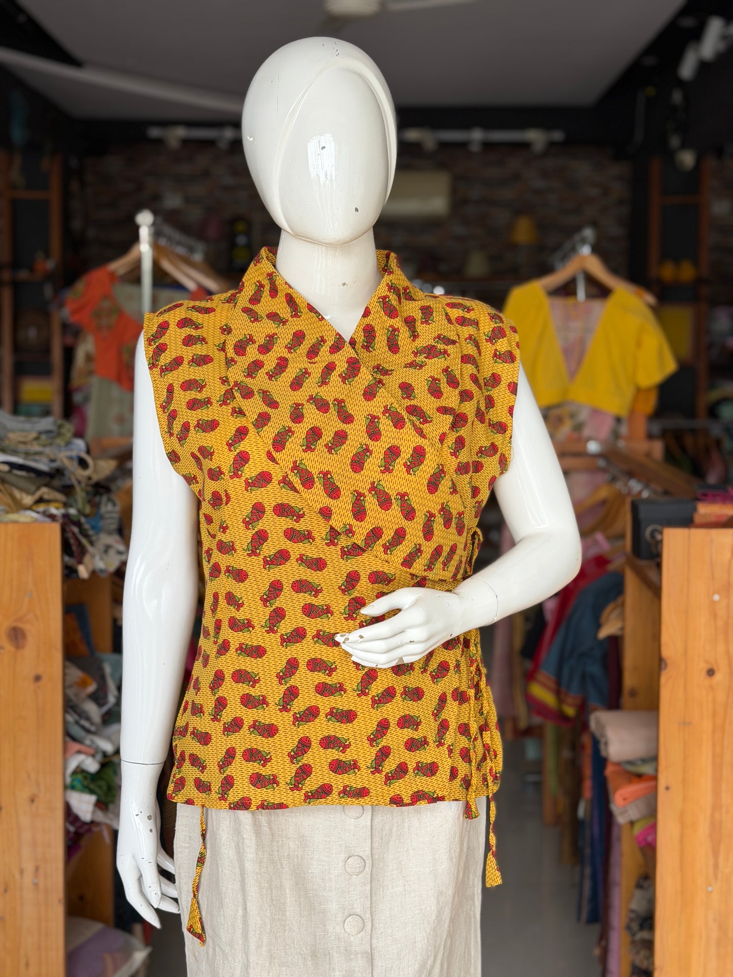 Yellow fish hand block printed collared cotton top