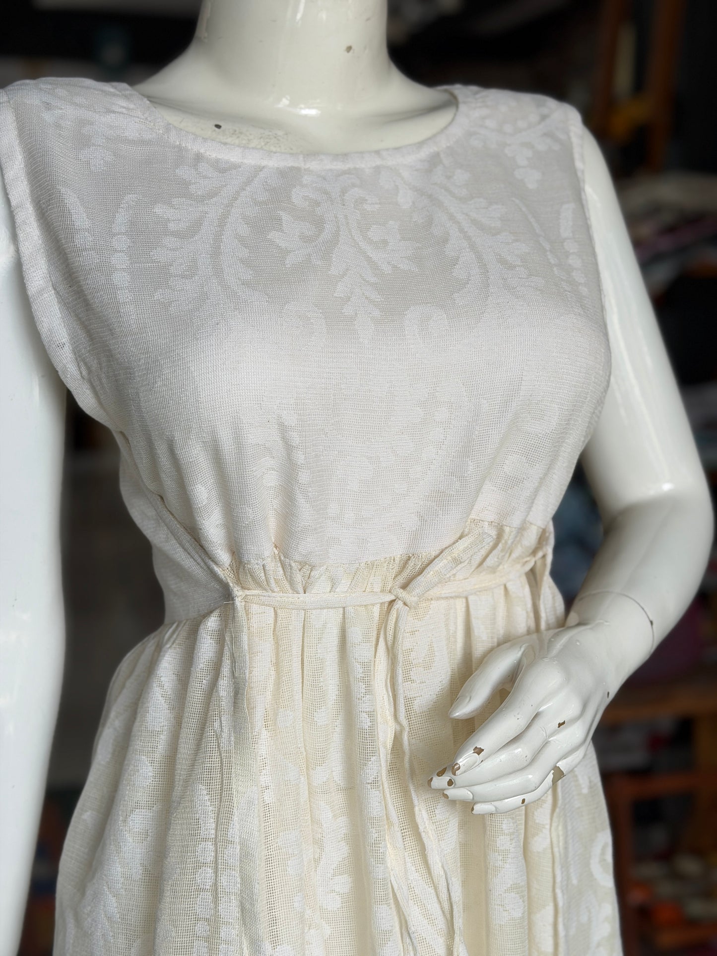 Off white banaras cotton cut work side ties dress / Kurti