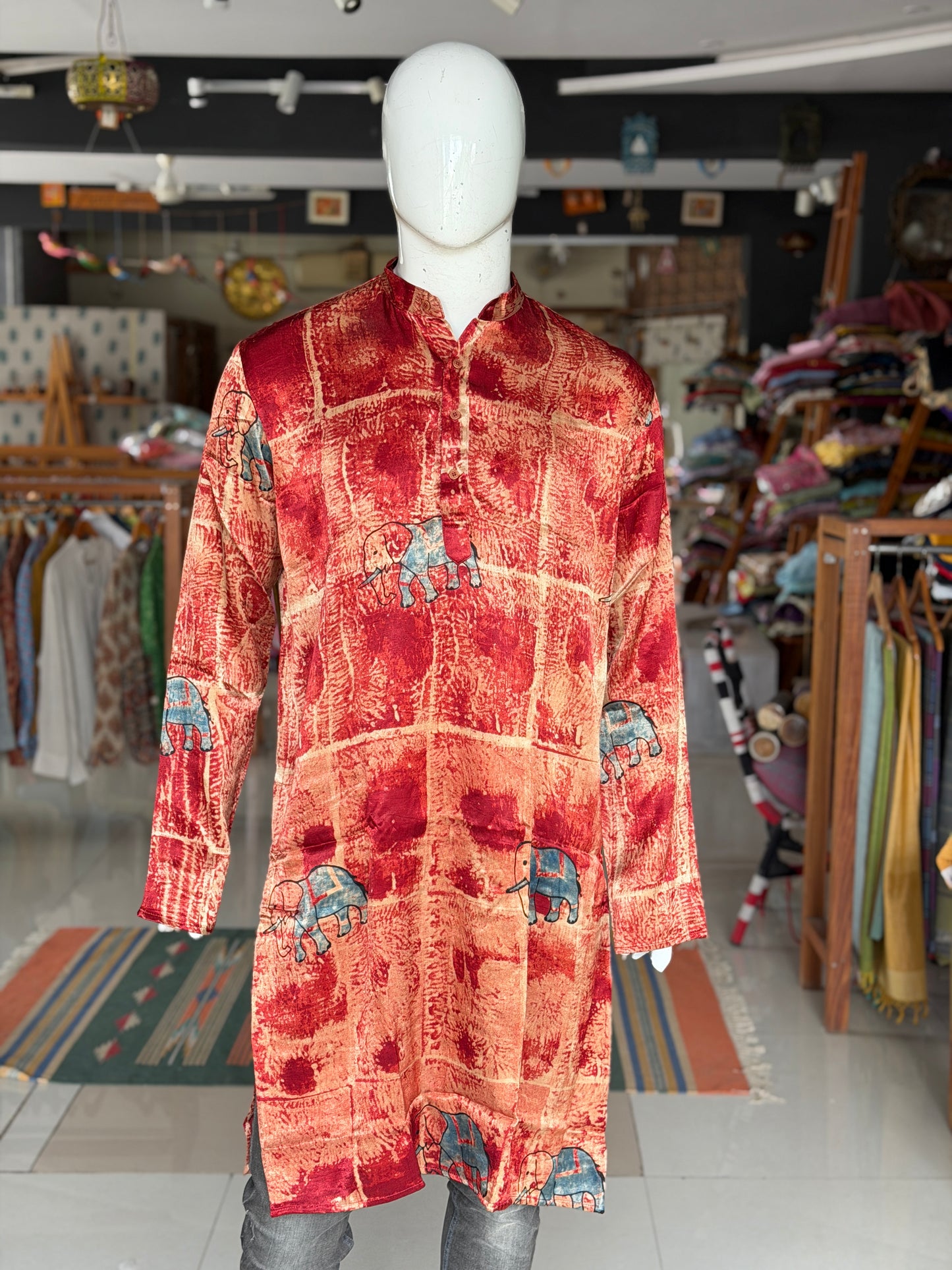Maroon elephant hand block printed Ajrakh mashru long kurta for men