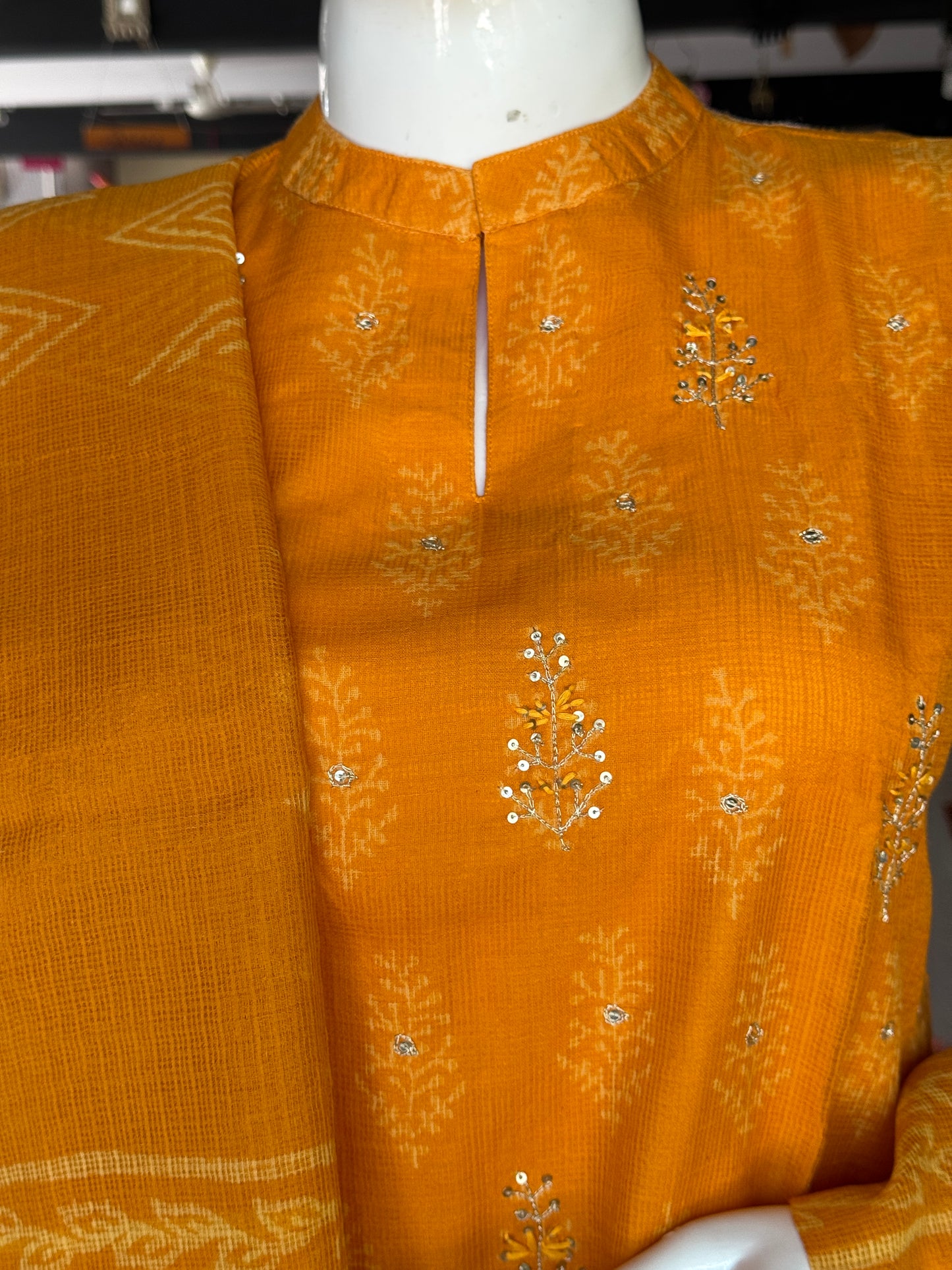 Mango yellow hand block printed kota cotton straight kurti, pants and dupatta set - with hand embroidery