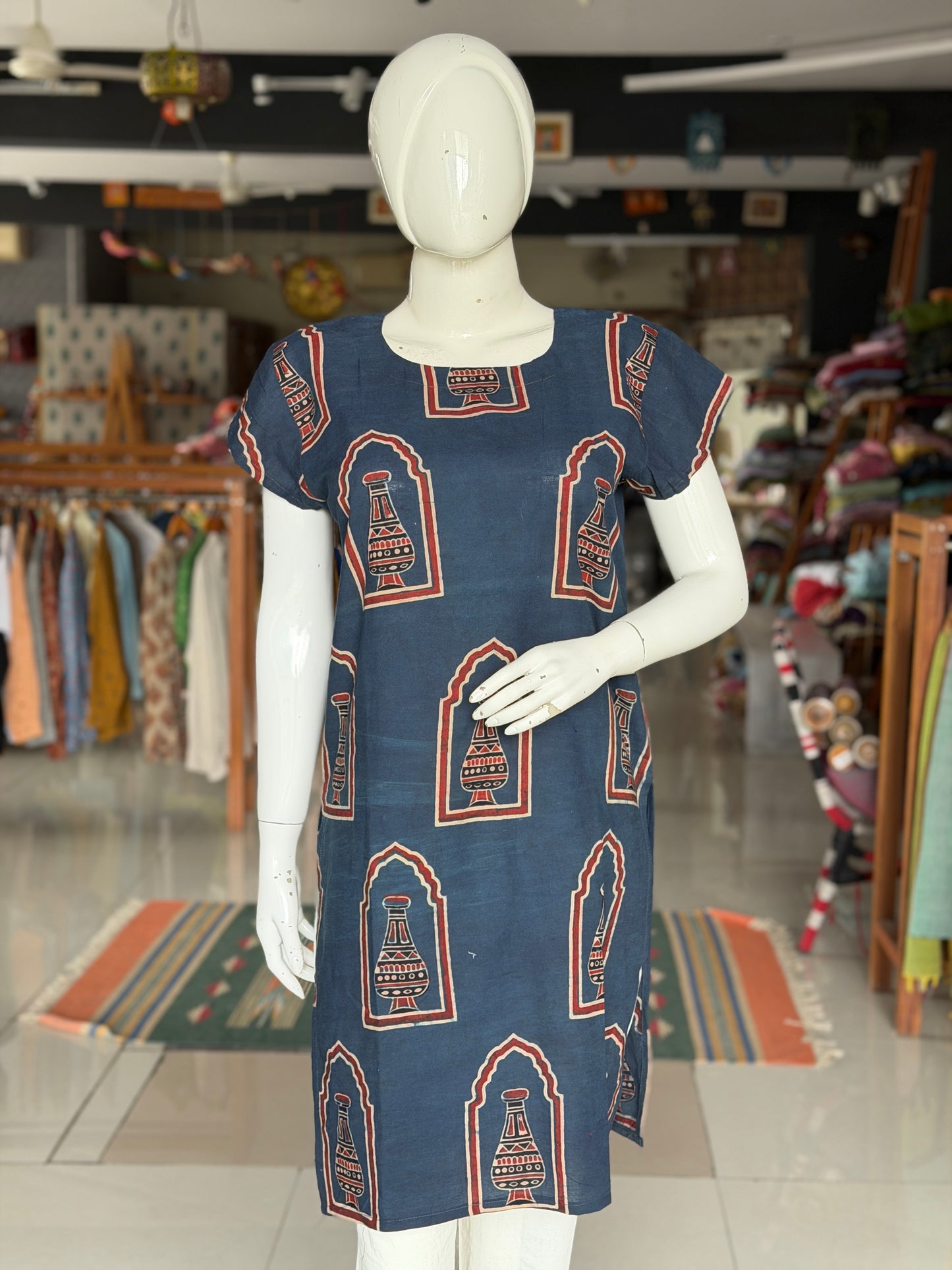 Indigo vase print Ajrakh hand block printed cotton straight kurti
