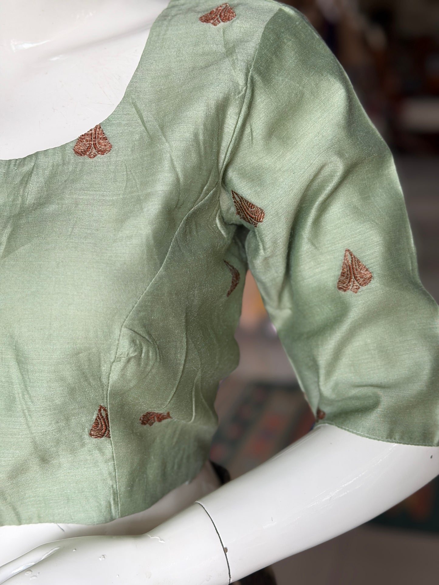 Sage green handwoven pure silk elbow sleeved blouse - both front and back open options available