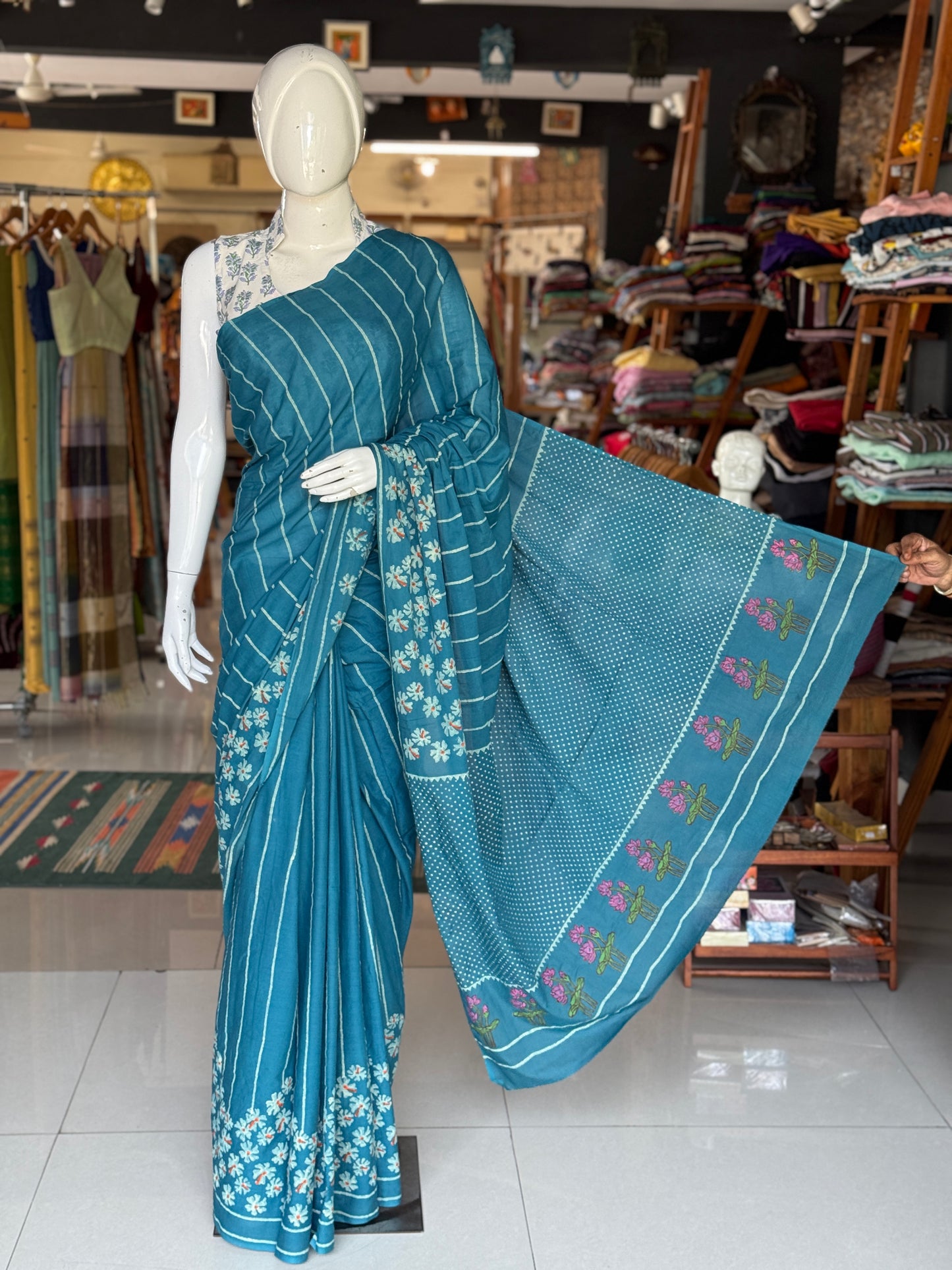 Parijat - the sacred flower - hand block printed teal tone cotton saree