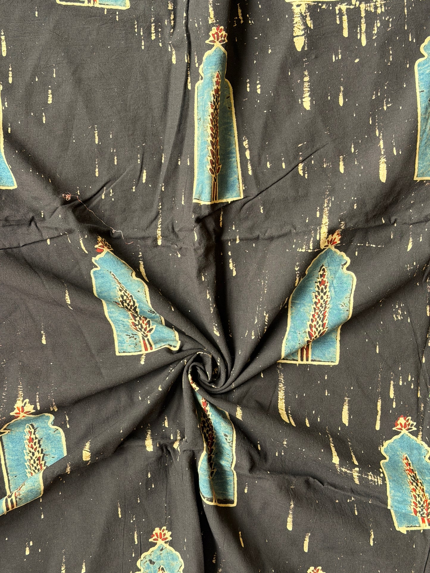 Black cotton fabric with Ajrakh hand block prints - indigo jharokhas print