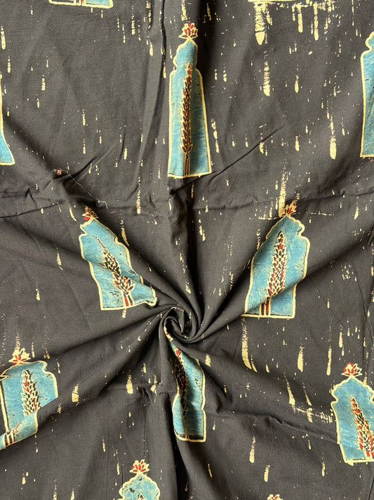 Black cotton fabric with Ajrakh hand block prints - indigo jharokhas print