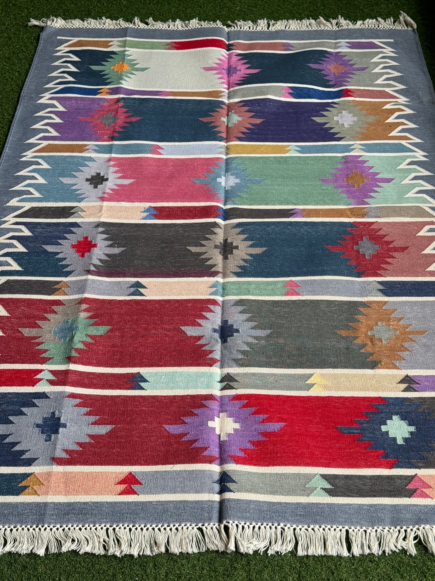 Multi coloured cotton handwoven panja weave carpet / durrie in firm weave -  4 x 6 ft - multiple designs available