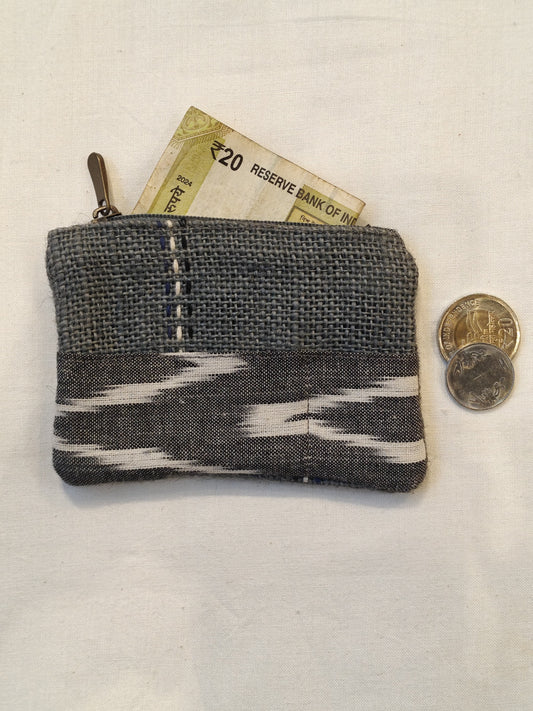 Coin pouch - Small jute zipper pouch with fabric panel