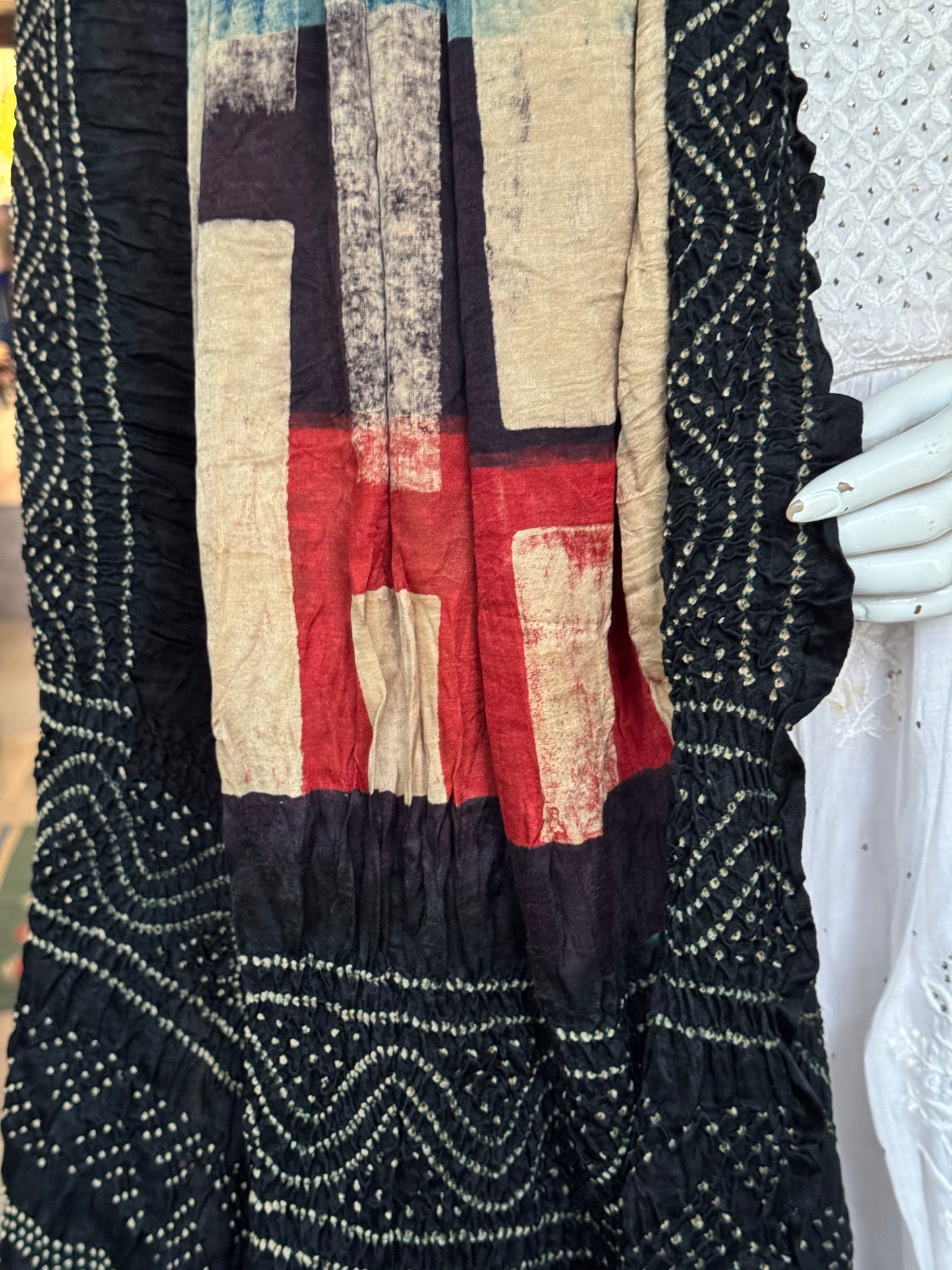 Ajrakh bandini tie dye gajji silk dupatta - fine Bandhej with hand block Ajrakh