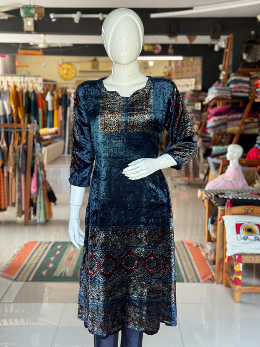 Blue velvet straight kurti with Ajrakh hand block prints - neck and hem detailing