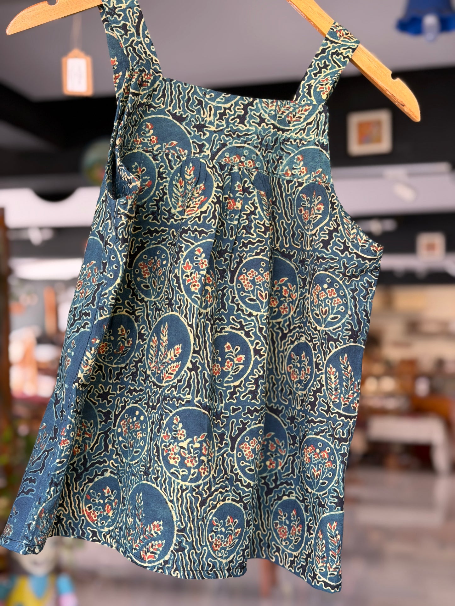 Green cotton Ajrakh hand block printed strappy top
