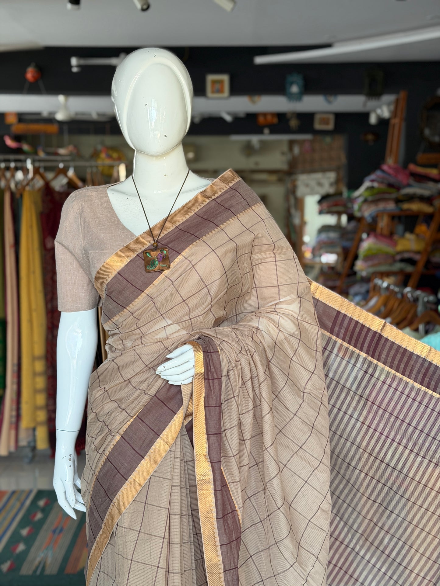 Light brown and wine checks Mangalagiri handloom cotton saree