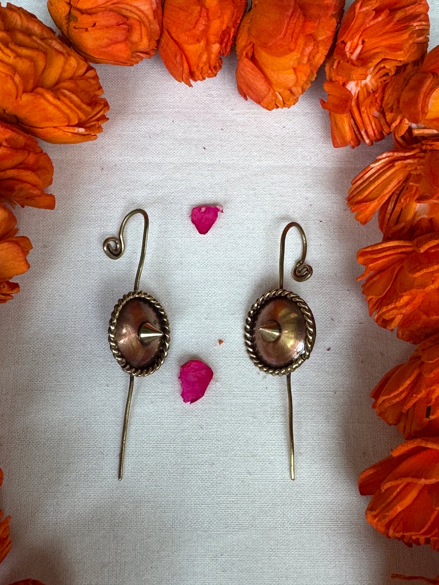 Shield design ear clip ons - Brass and copper