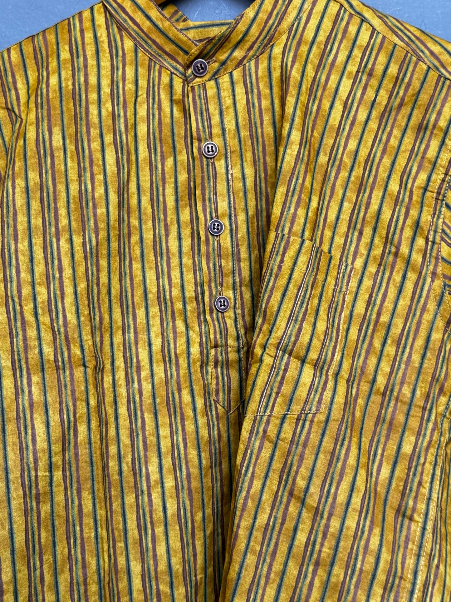 Mustard yellow stripes handblock printed full sleeves cotton short kurta for men