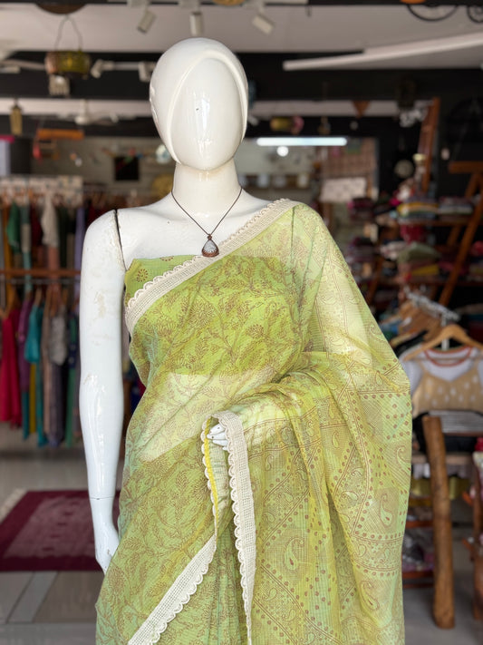 Fine floral print kota saree with scallop lace border