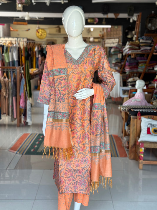 Peachish orange hand block print chanderi hand embroidered straight v-neck kurti, pants and dupatta - 3 piece suit set