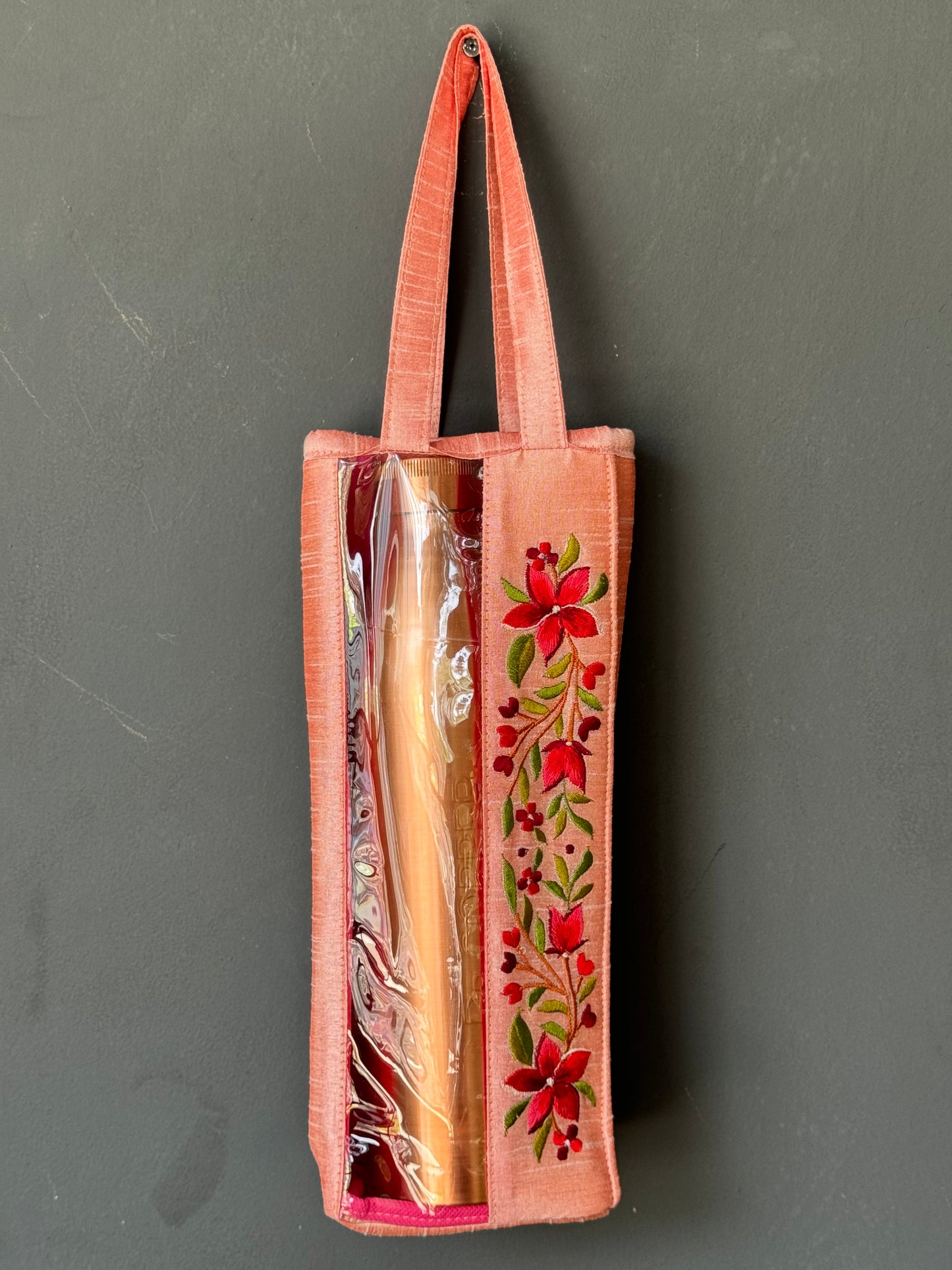 Bottle holder bag - art silk with machine embroidery