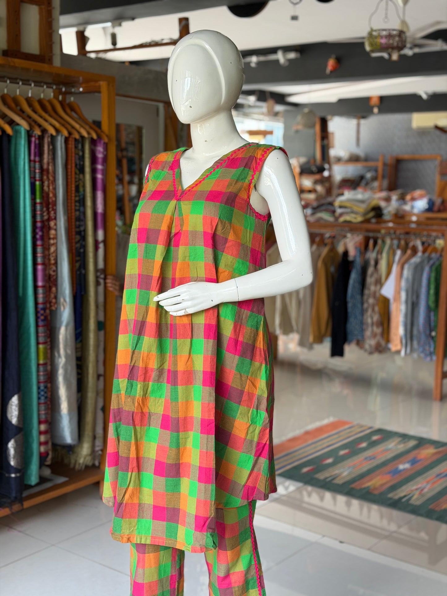 Colorful checks with lace details cotton coord set