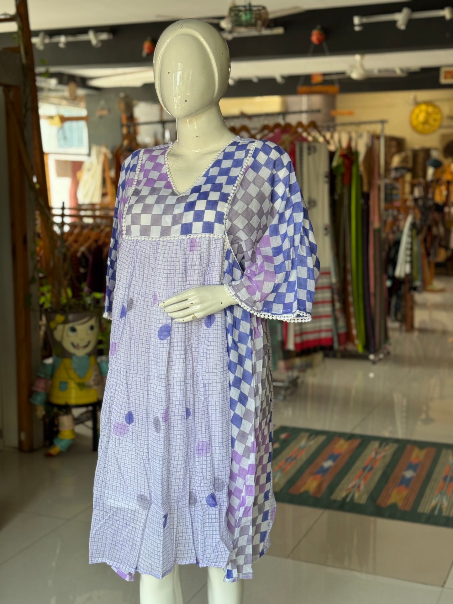 Violet checks and circles hand block printed soft cotton dress with fancy sleeves
