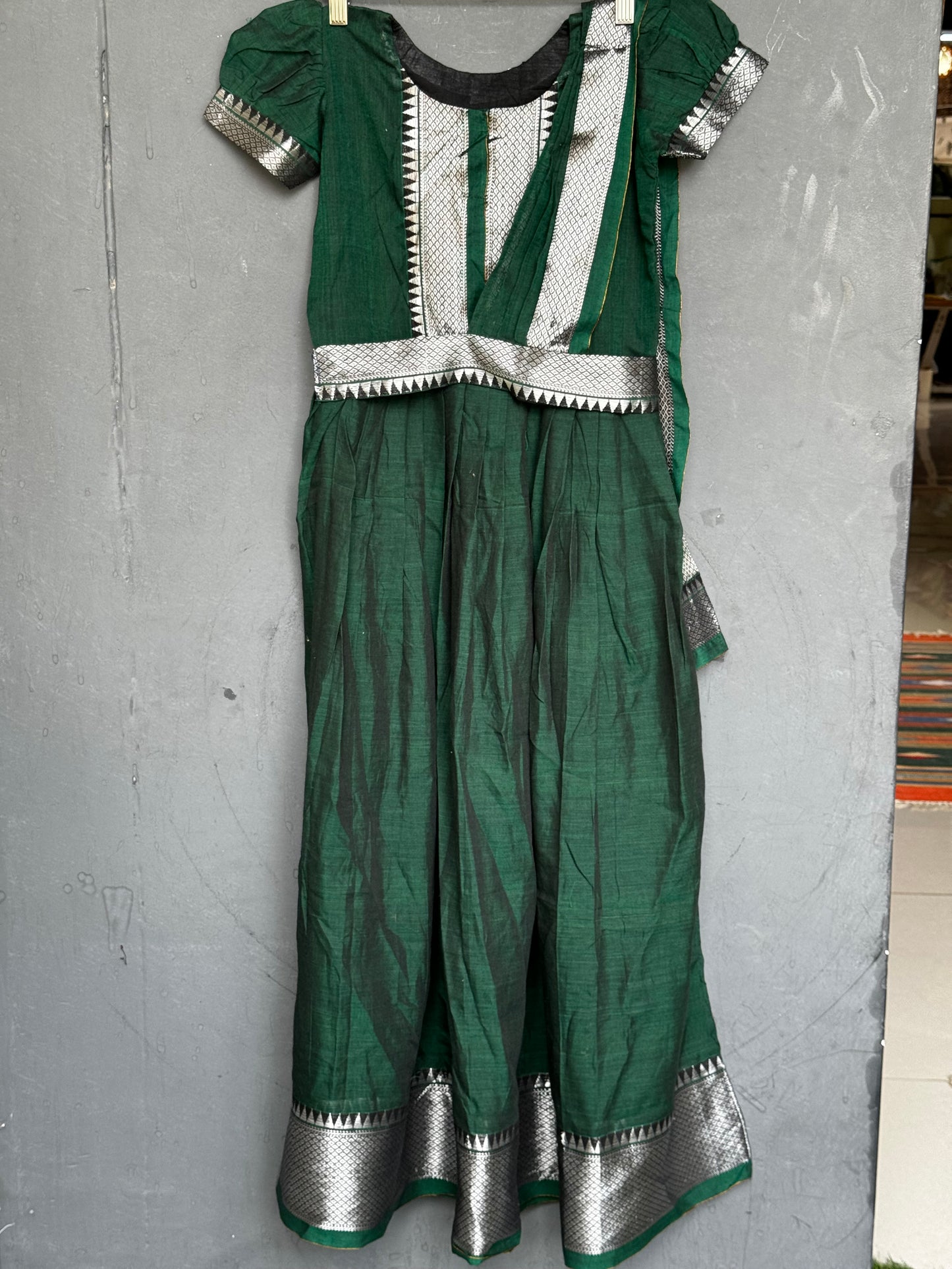 Green narayanpet cotton long frock with belt dupatta for girls