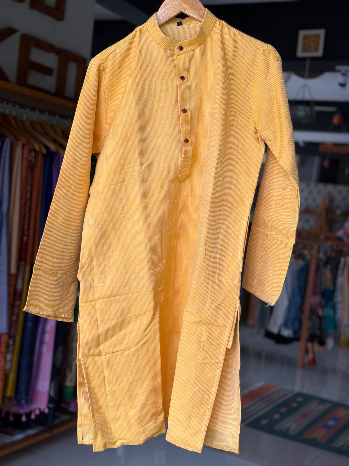 Yellow hand woven cotton long kurta for men