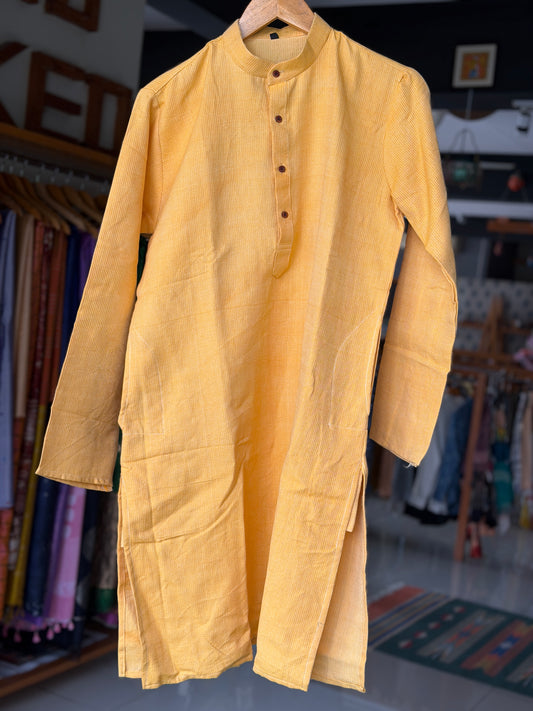 Yellow hand woven cotton long kurta for men