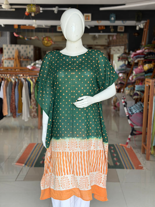 Green soft cotton bandini tie n dye with orange batik kaftan kurti