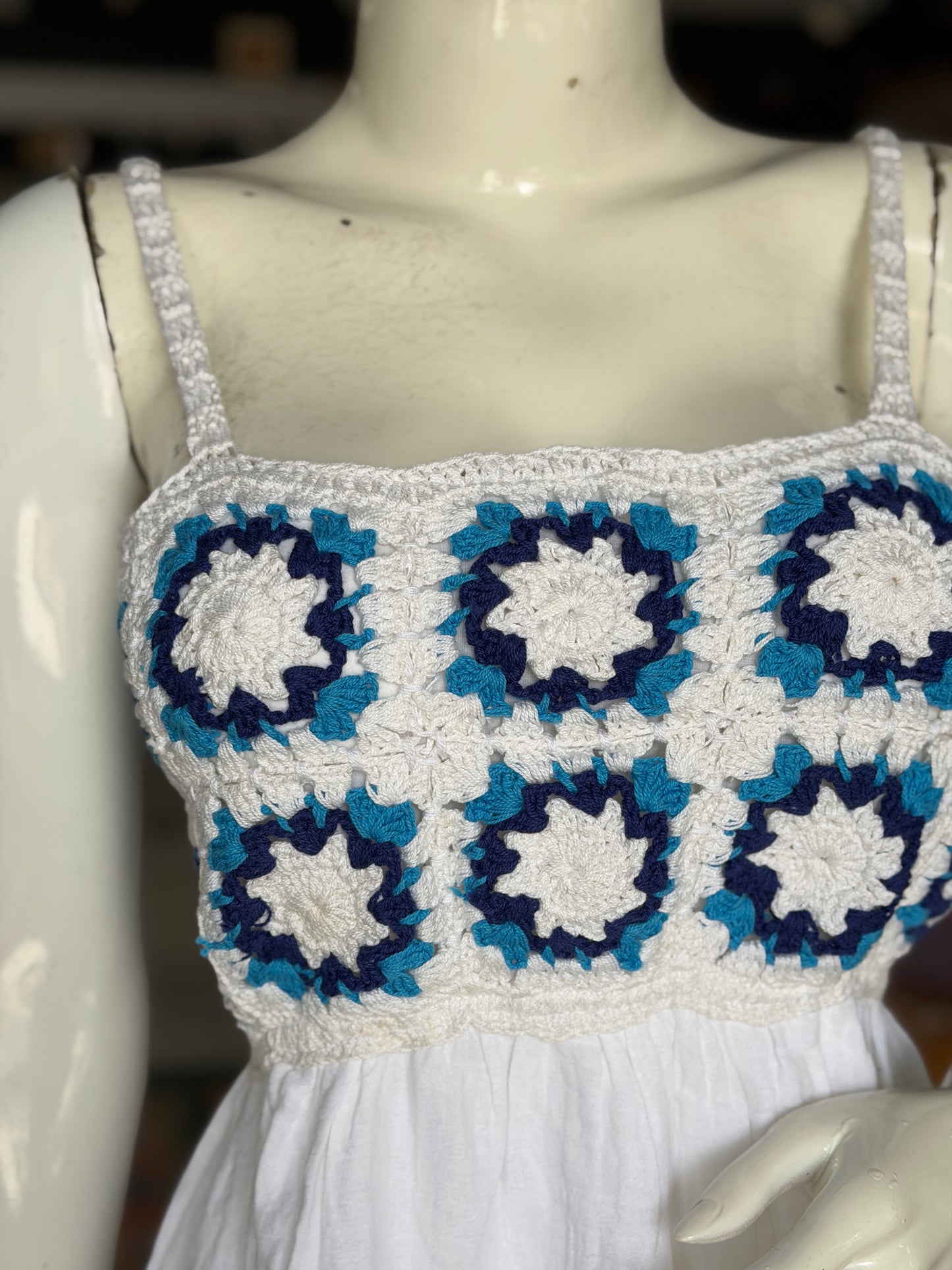 White crochet frock with granny squares yoke for teen girls / adults - adjustable back