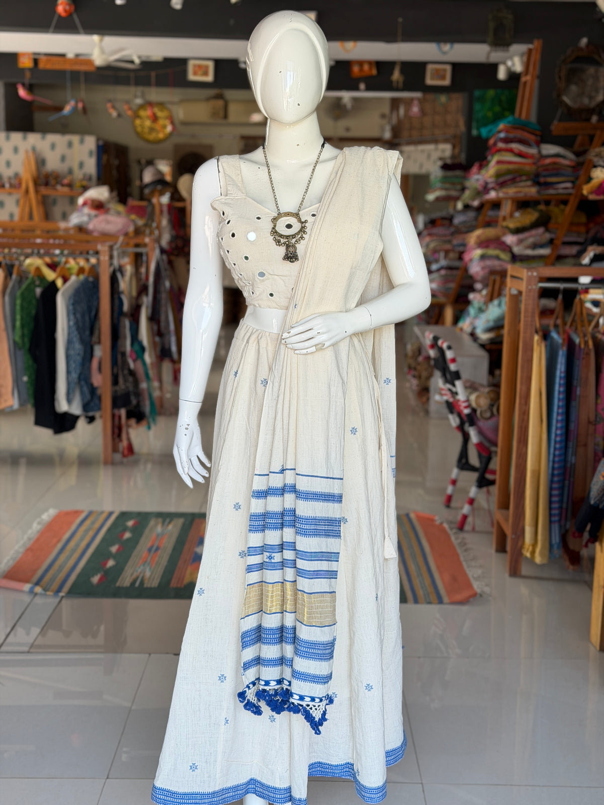 Off white hand woven kala cotton Bhujodi lehenga / skirt with indigo border - free size