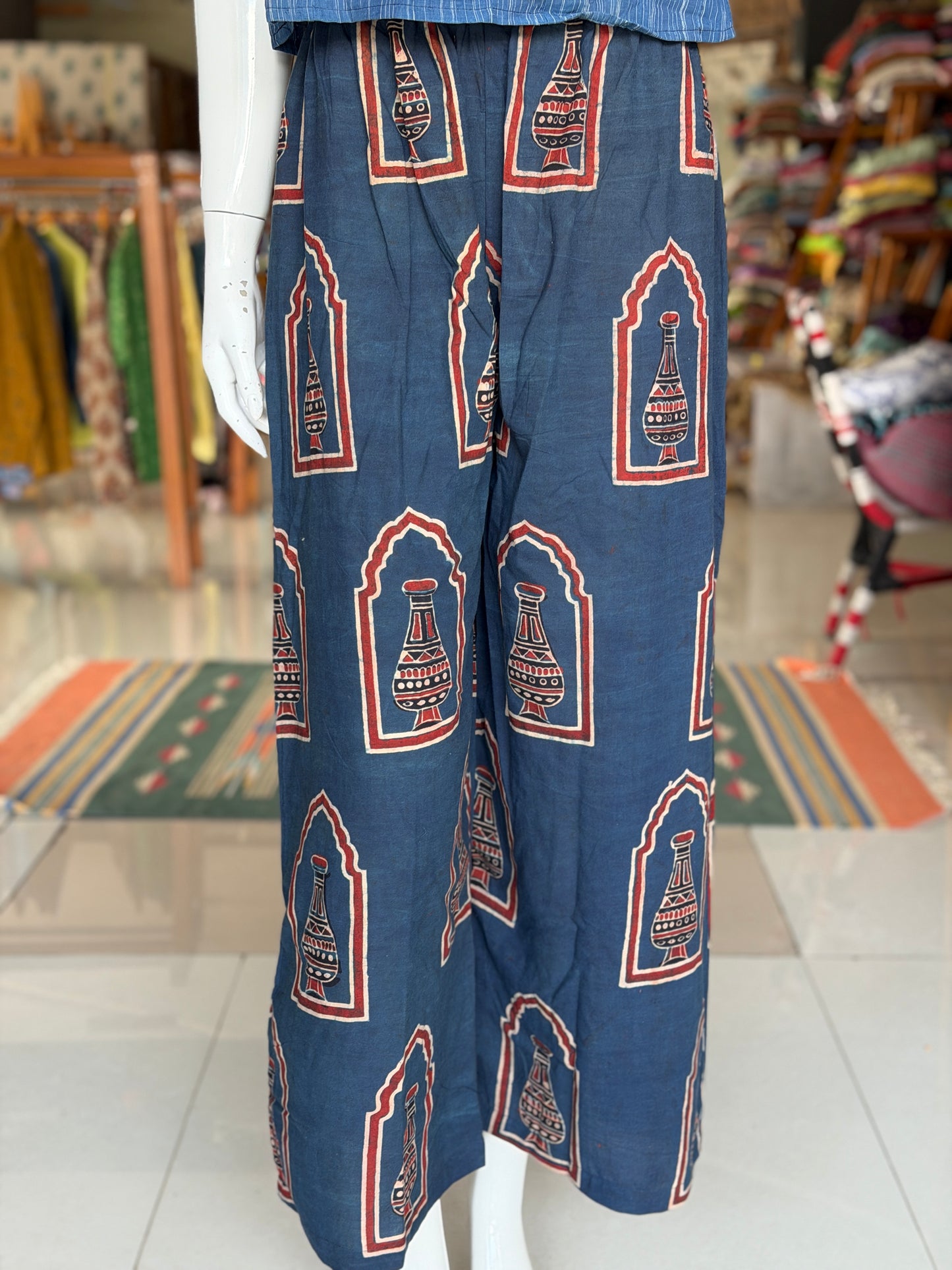 Indigo vase design cotton hand block printed Ajrakh free sized pants