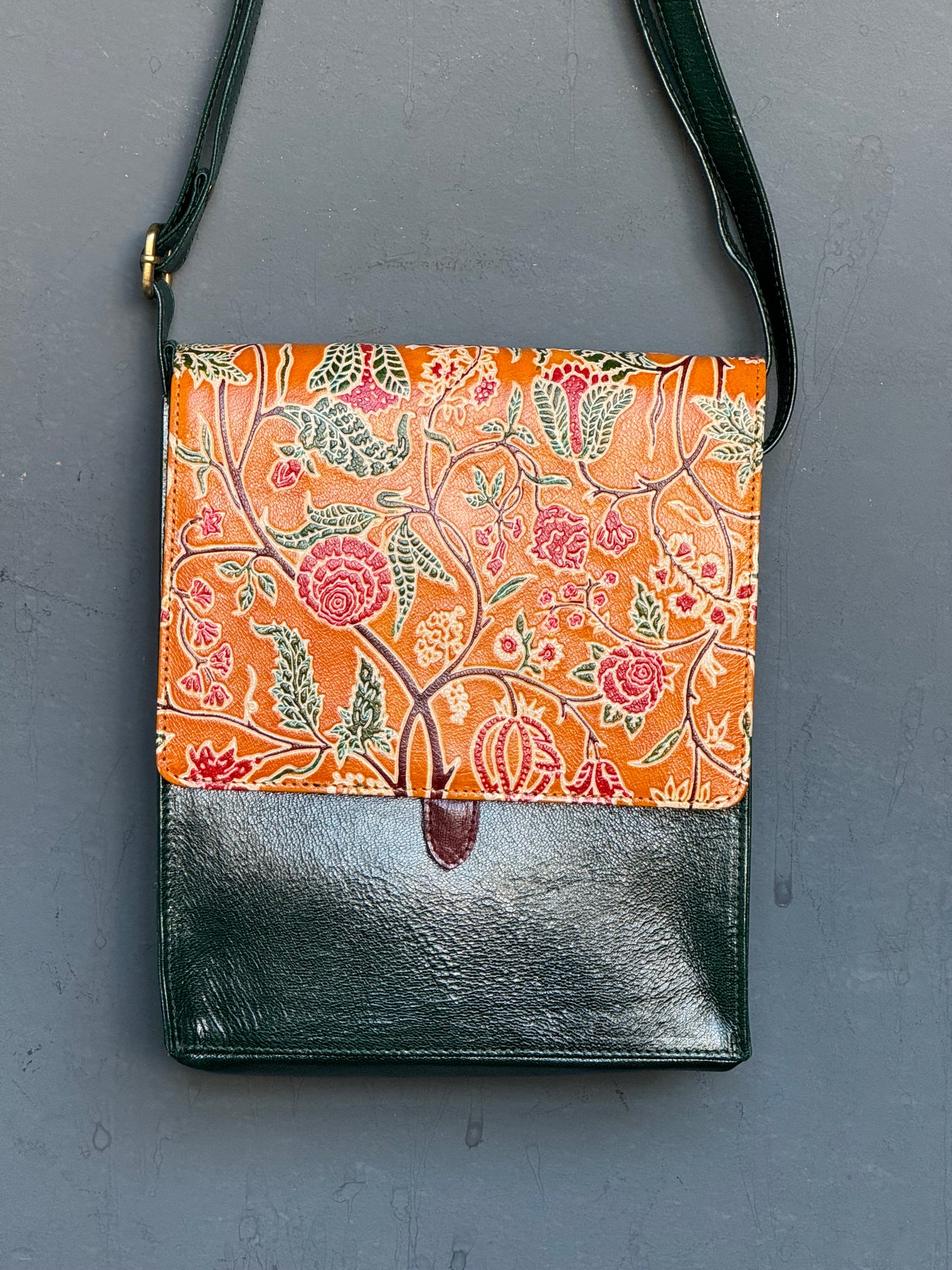 Cross body Leather hand crafted, hand painted adjustable length sling bag