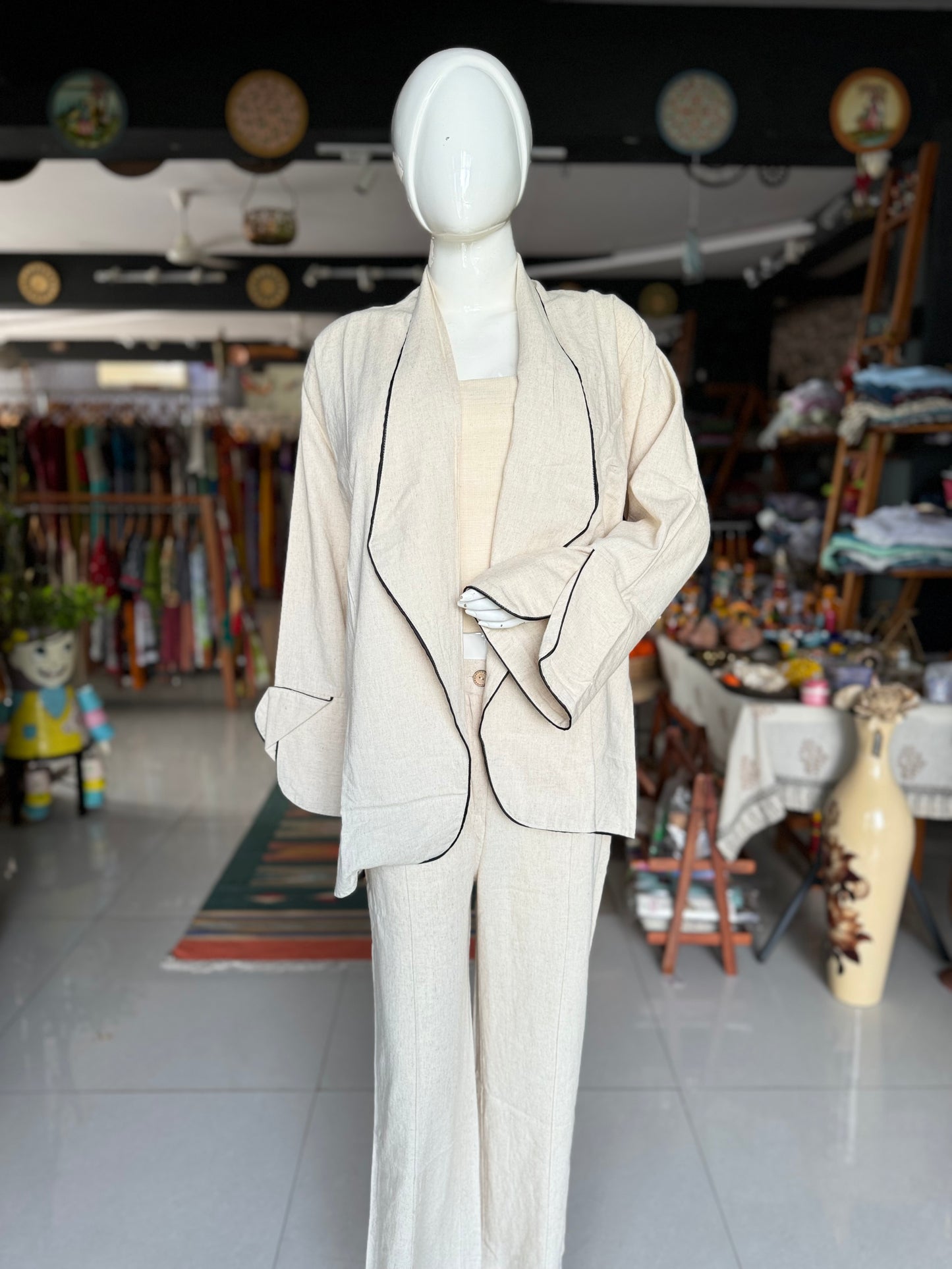 Kora cotton fancy sleeves and collar open cotton top and pants coord set