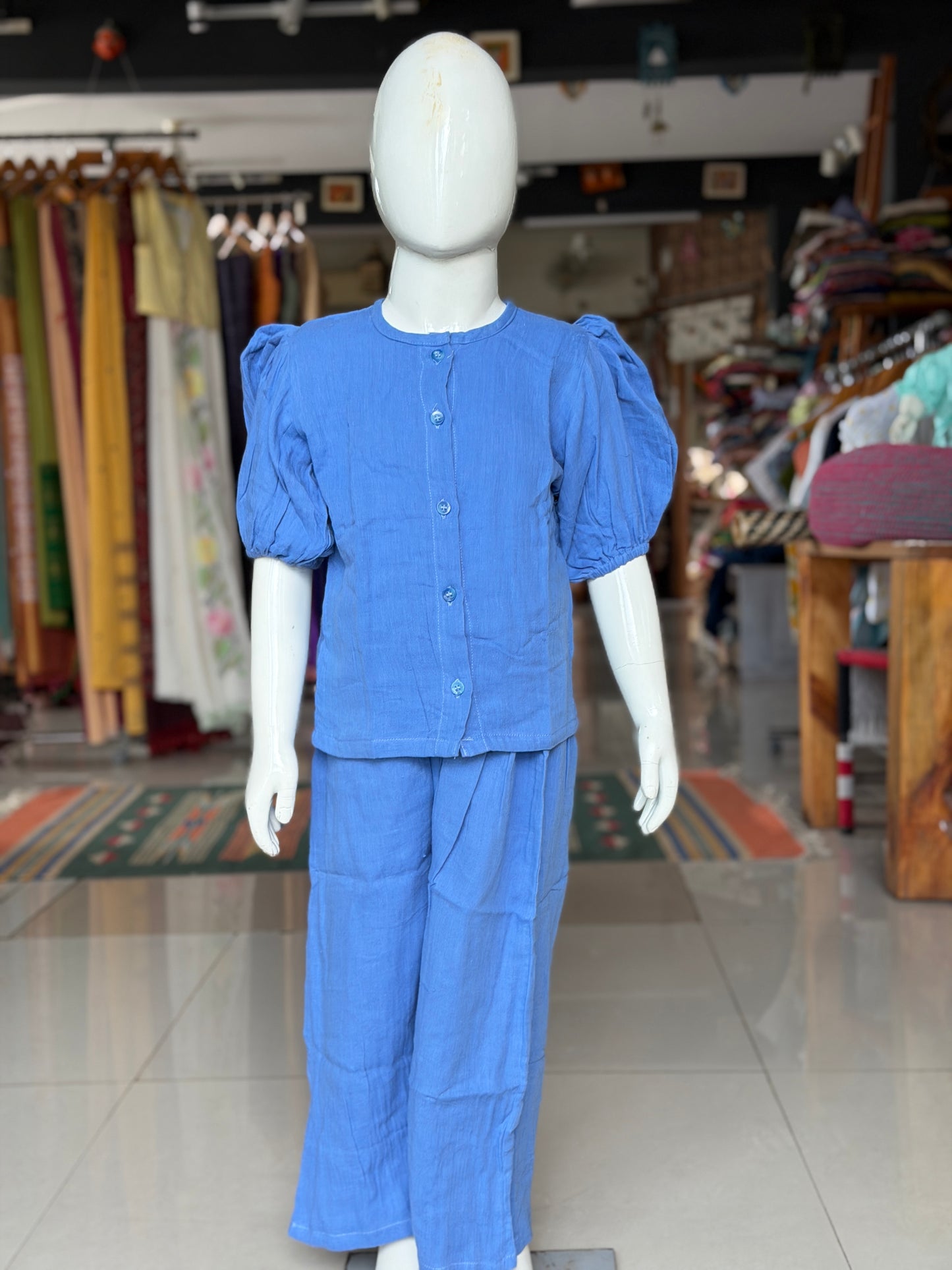 Blue crop top pant coord set in double cotton fabric with puff sleeves