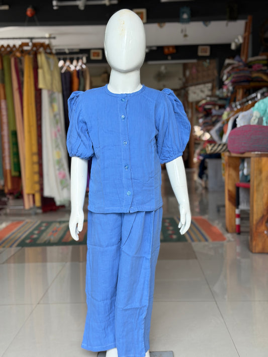 Blue crop top pant coord set in double cotton fabric with puff sleeves - for little girls