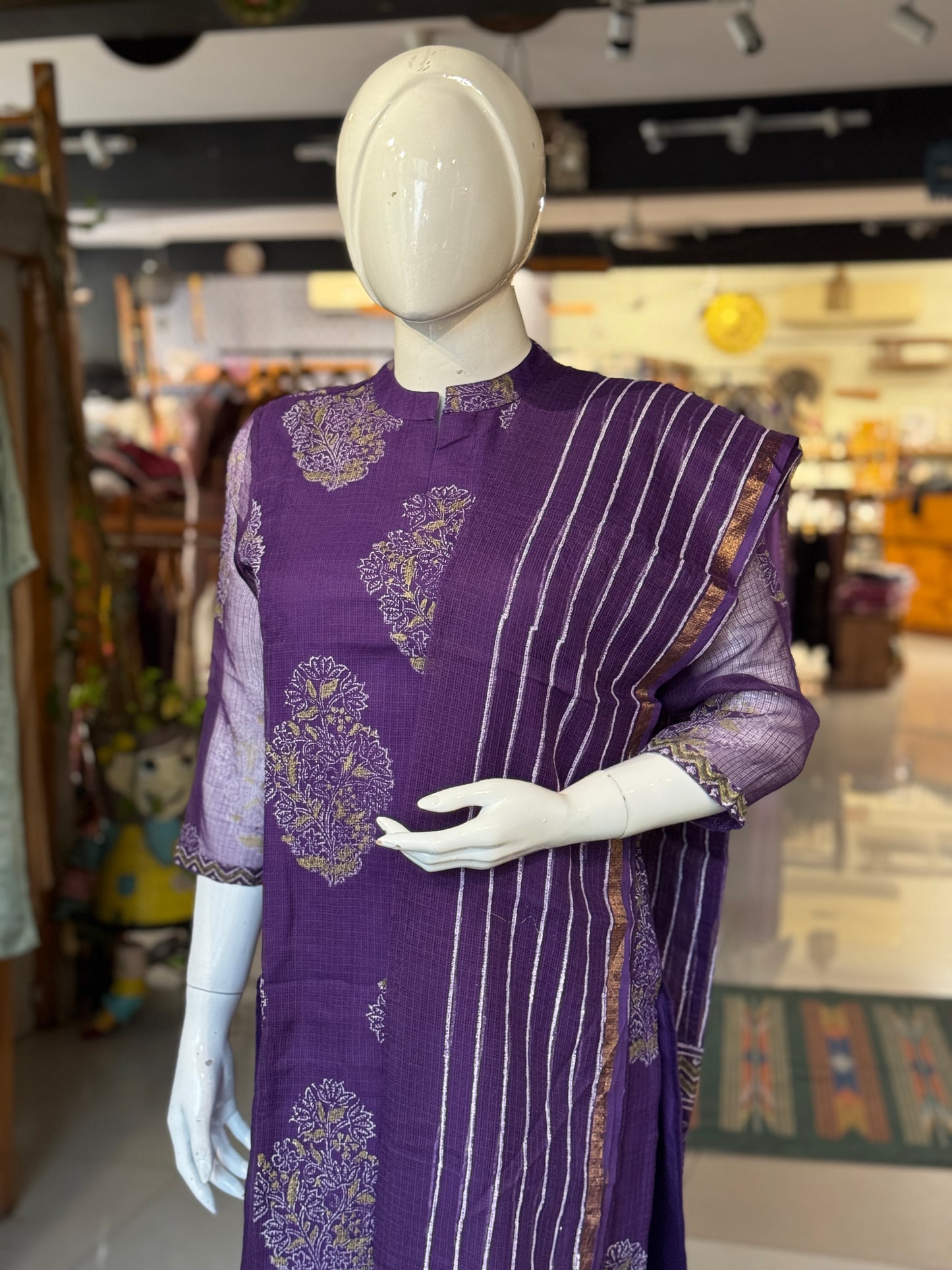 Violet hand block printed kota cotton straight kurti, pants and dupatta set - with hand embroidery