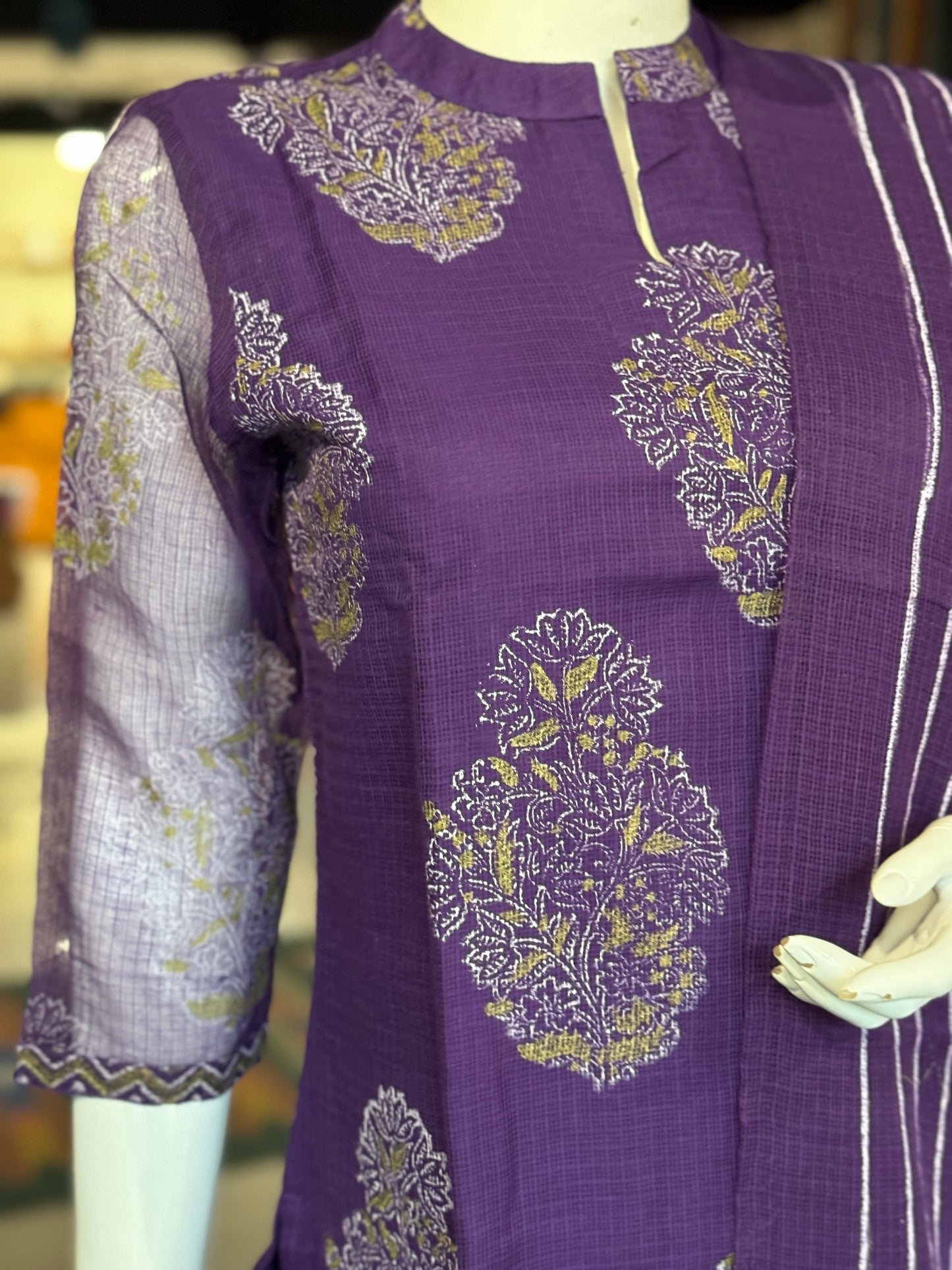 Violet hand block printed kota cotton straight kurti, pants and dupatta set - with hand embroidery
