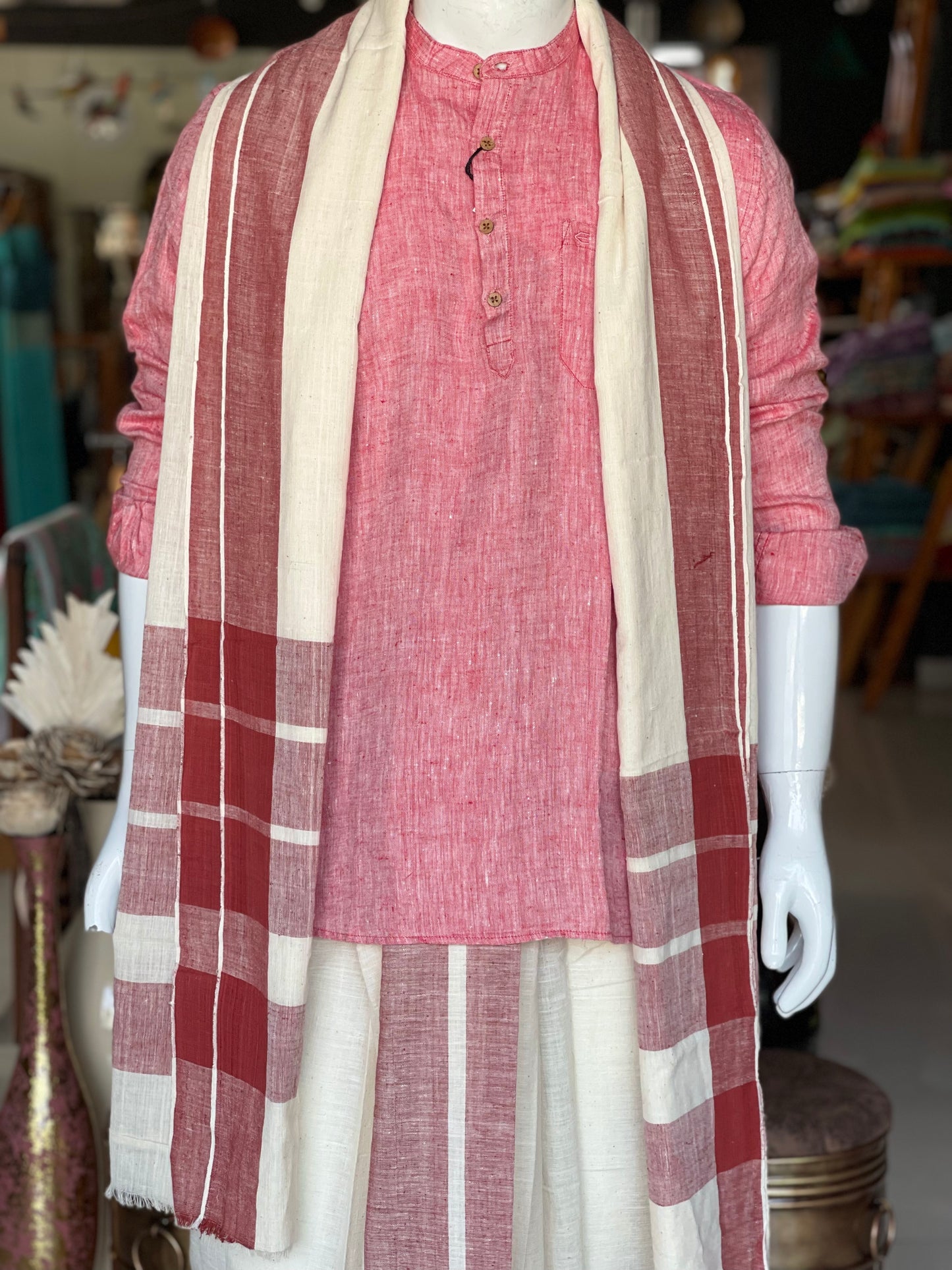 Offwhite hand spun, hand woven, natural dyed cotton pancha kanduva set (dhoti + angavastram)